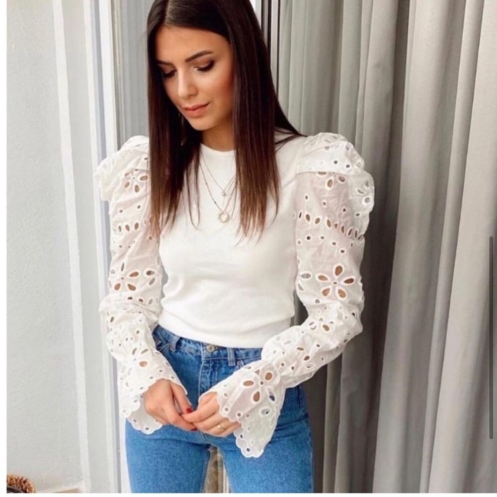 Zara contrast embroidered balloon sleeve top WHITE